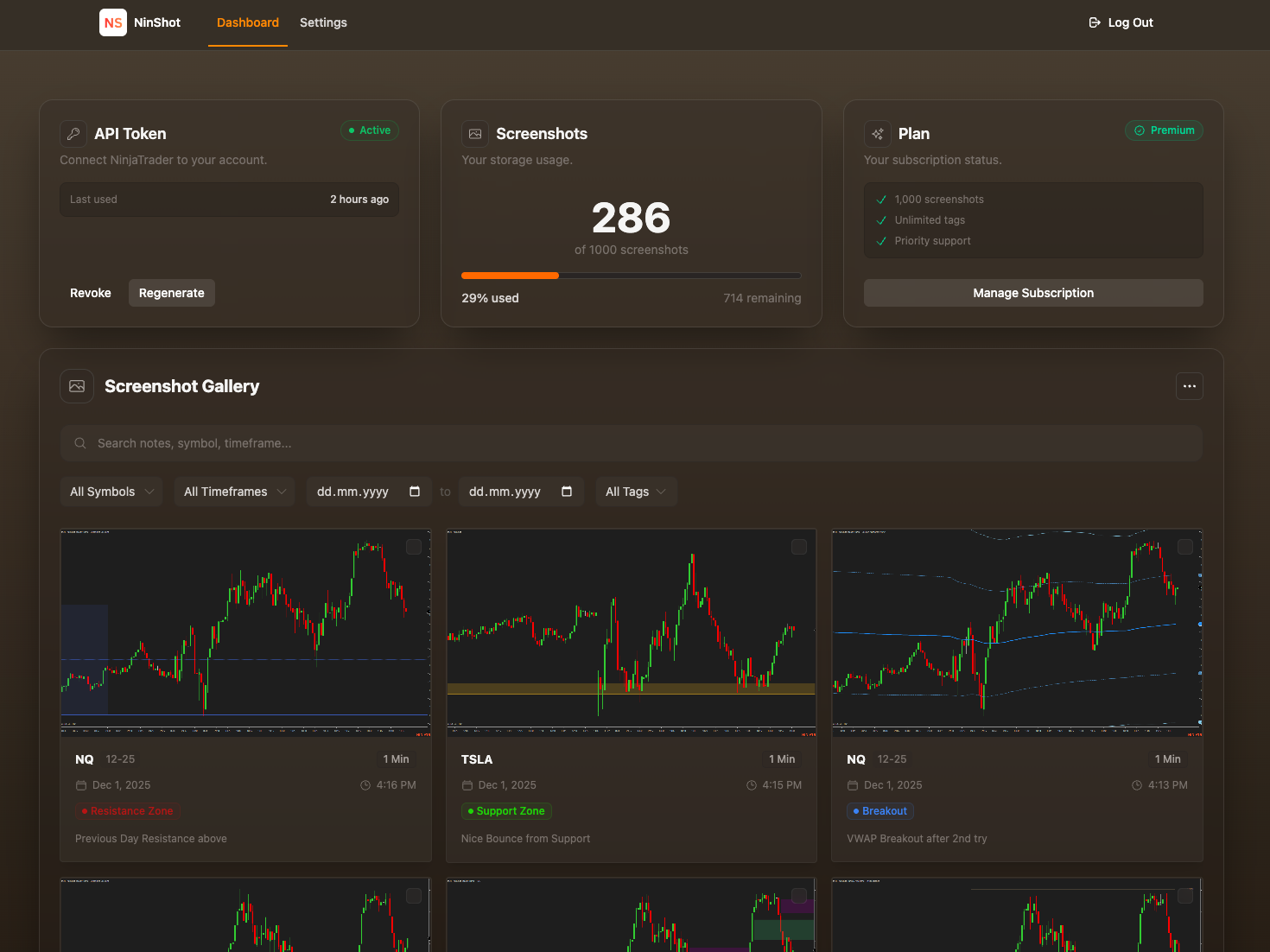 NinShot Dashboard - Screenshot gallery with filtering and organization